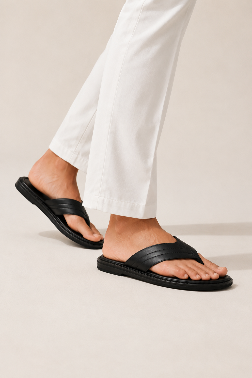 Leather Toe-post Sandal — Black — Sandals