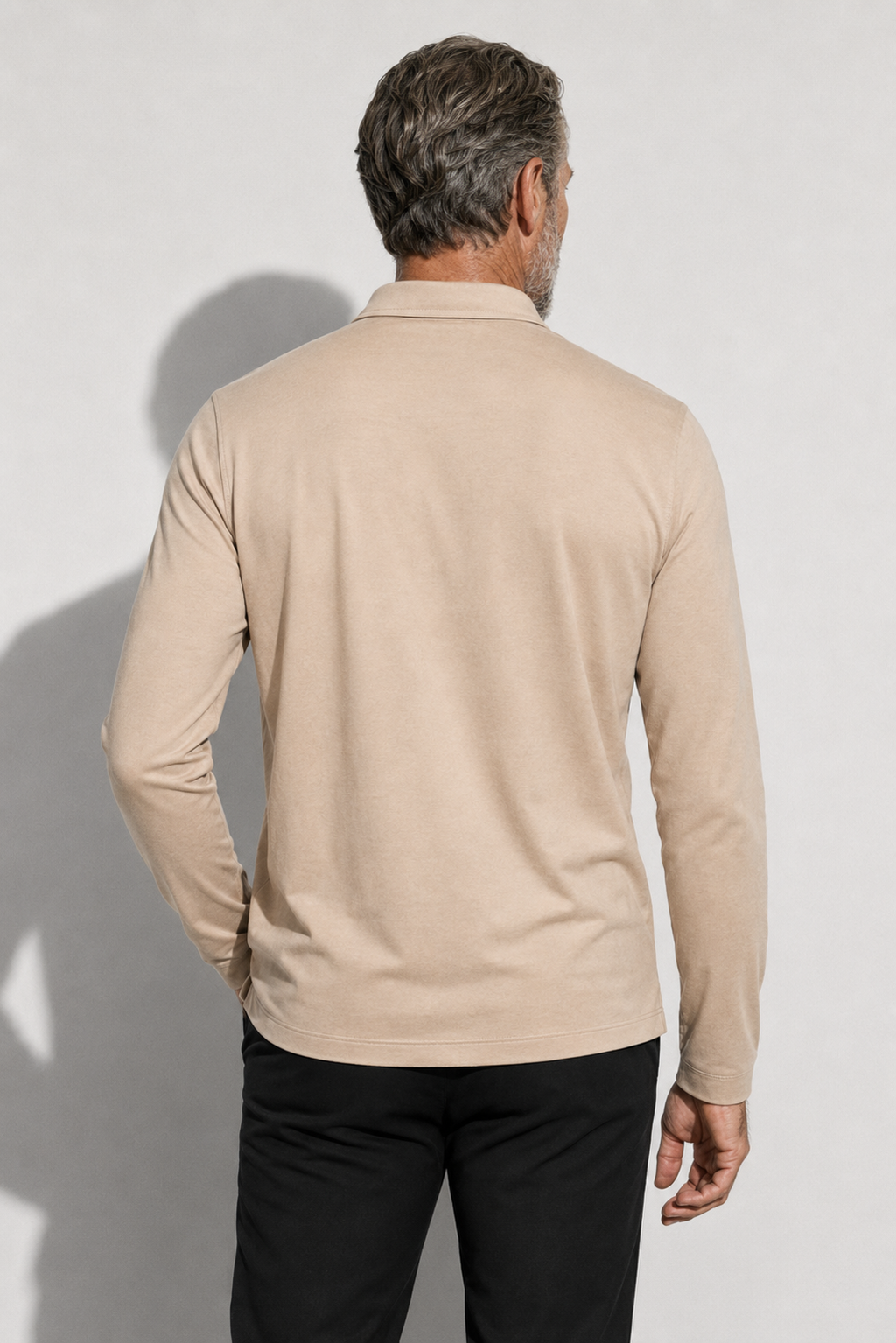 Long-sleeved Mercerized Polo Shirt — Beige — Mercerized Cotton Long-Sleeve Polo Shirts