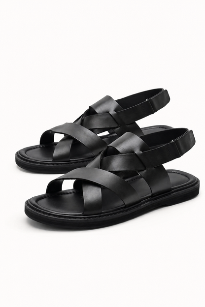 Woven Leather Sandal — Black — Sandals