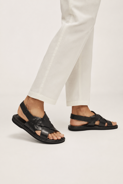 Woven Leather Sandal — Black — Sandals