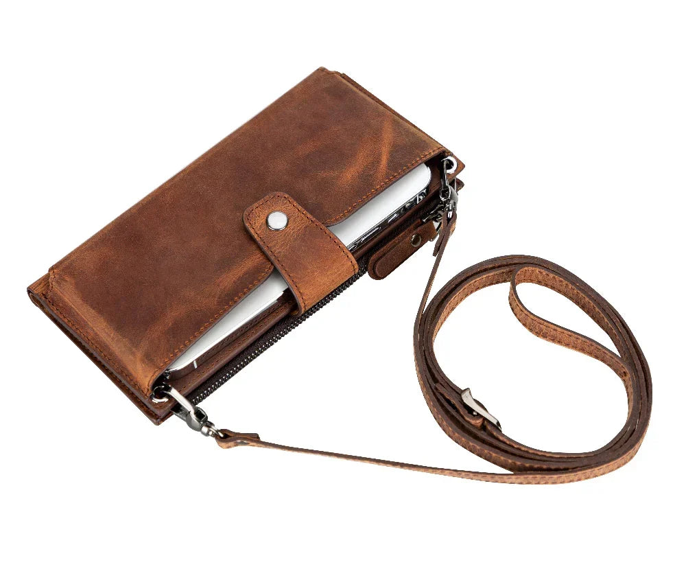 Leather Crossbody Phone Bag in Tan Brown