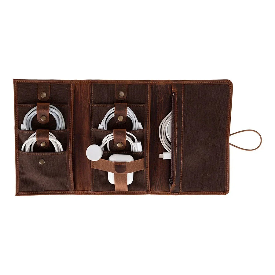 Leather Cable Organizer in Tan Brown