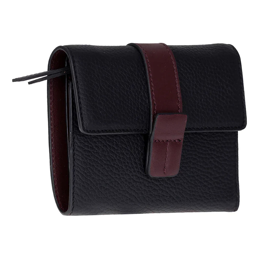 Women's Leather Wallet in Black with Burgundy Strap