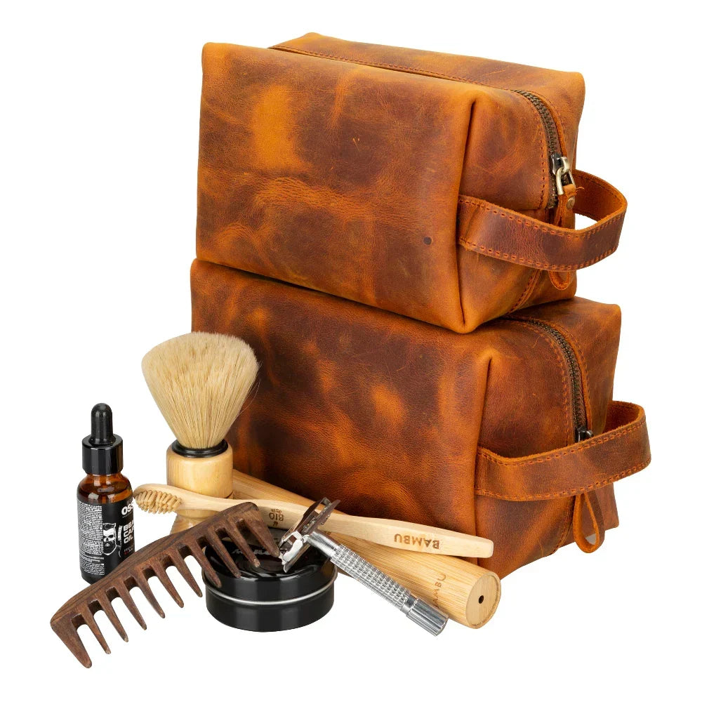 Leather Wash Bag in Sandy Marigold