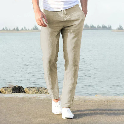 Men's Slim Fit Linen Trousers - detail view | SAINT DOR