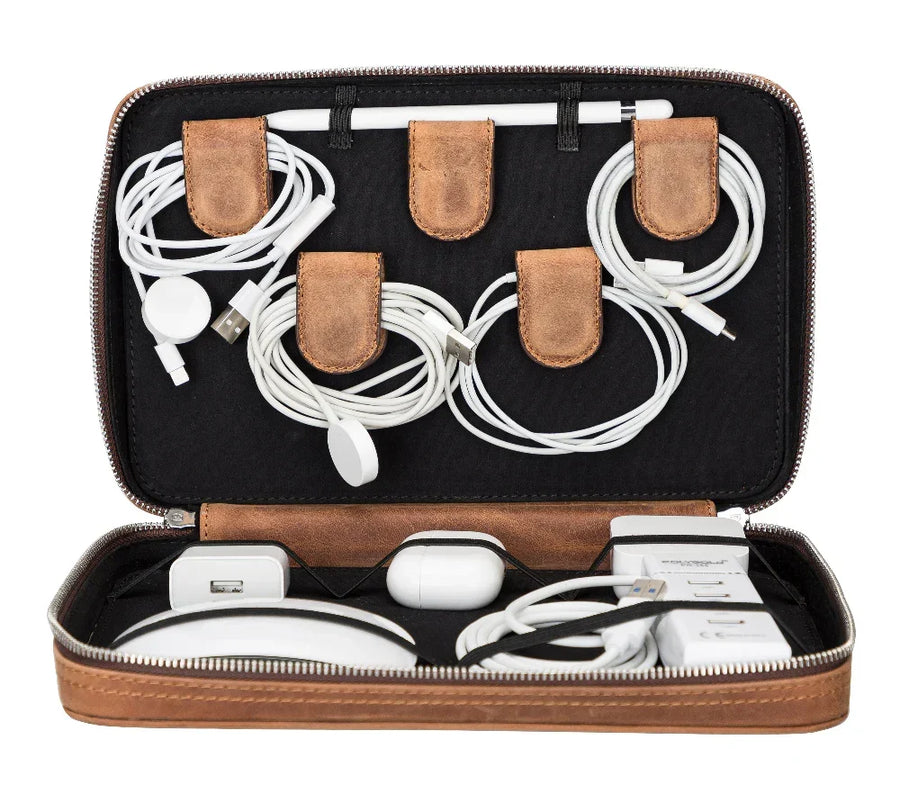 Leather Cable Organizer in Tan Brown