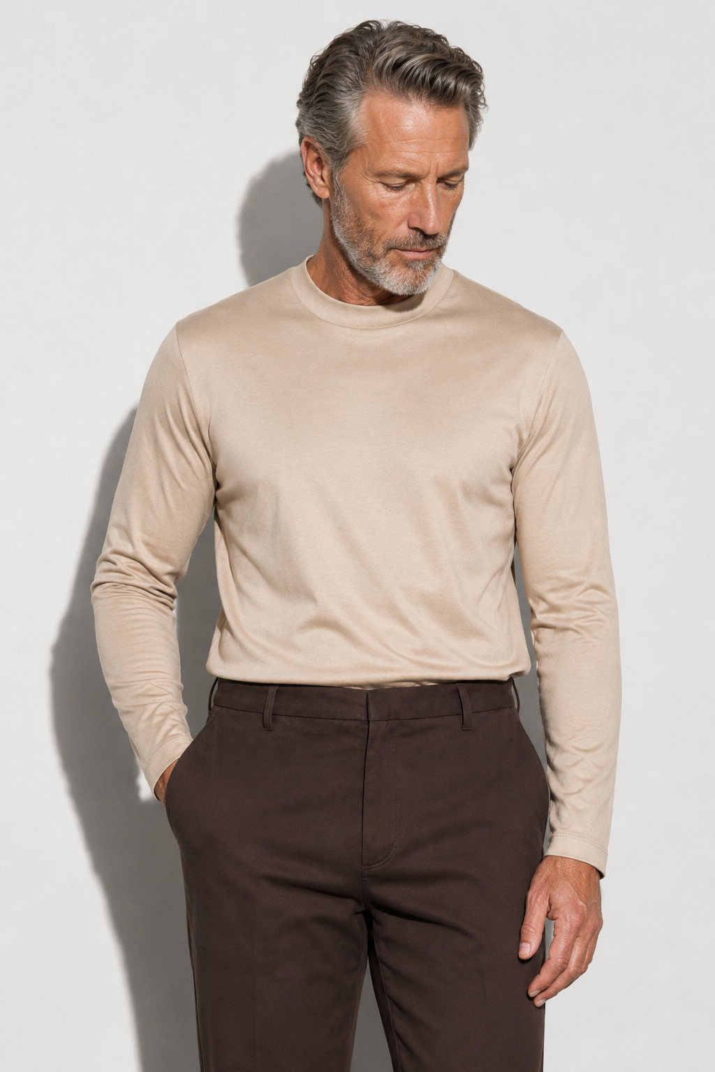 Mercerized Long-sleeve T-shirt — Beige — Mercerized Cotton Long-Sleeve T-shirts