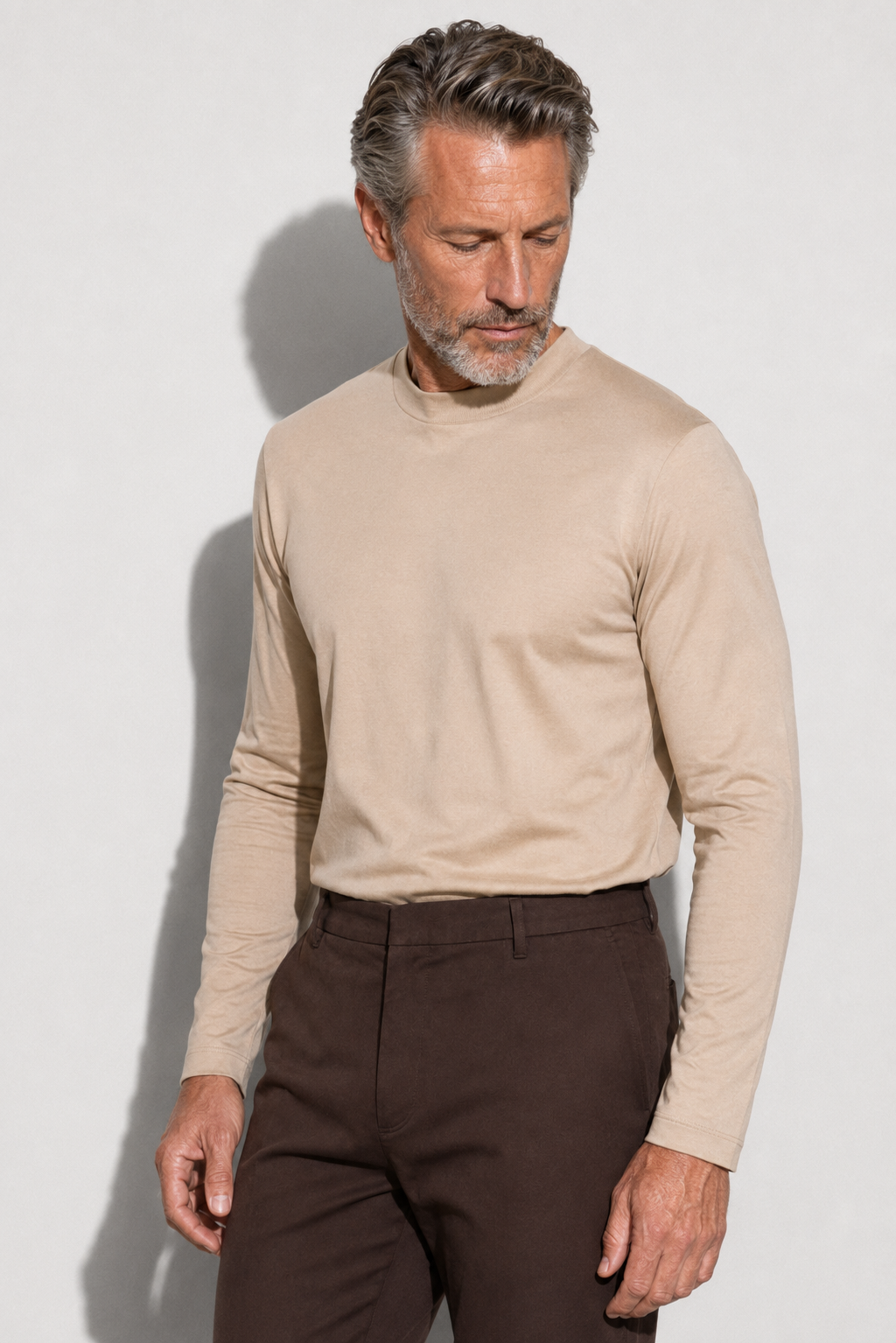Mercerized Long-sleeve T-shirt — Beige — Mercerized Cotton Long-Sleeve T-shirts