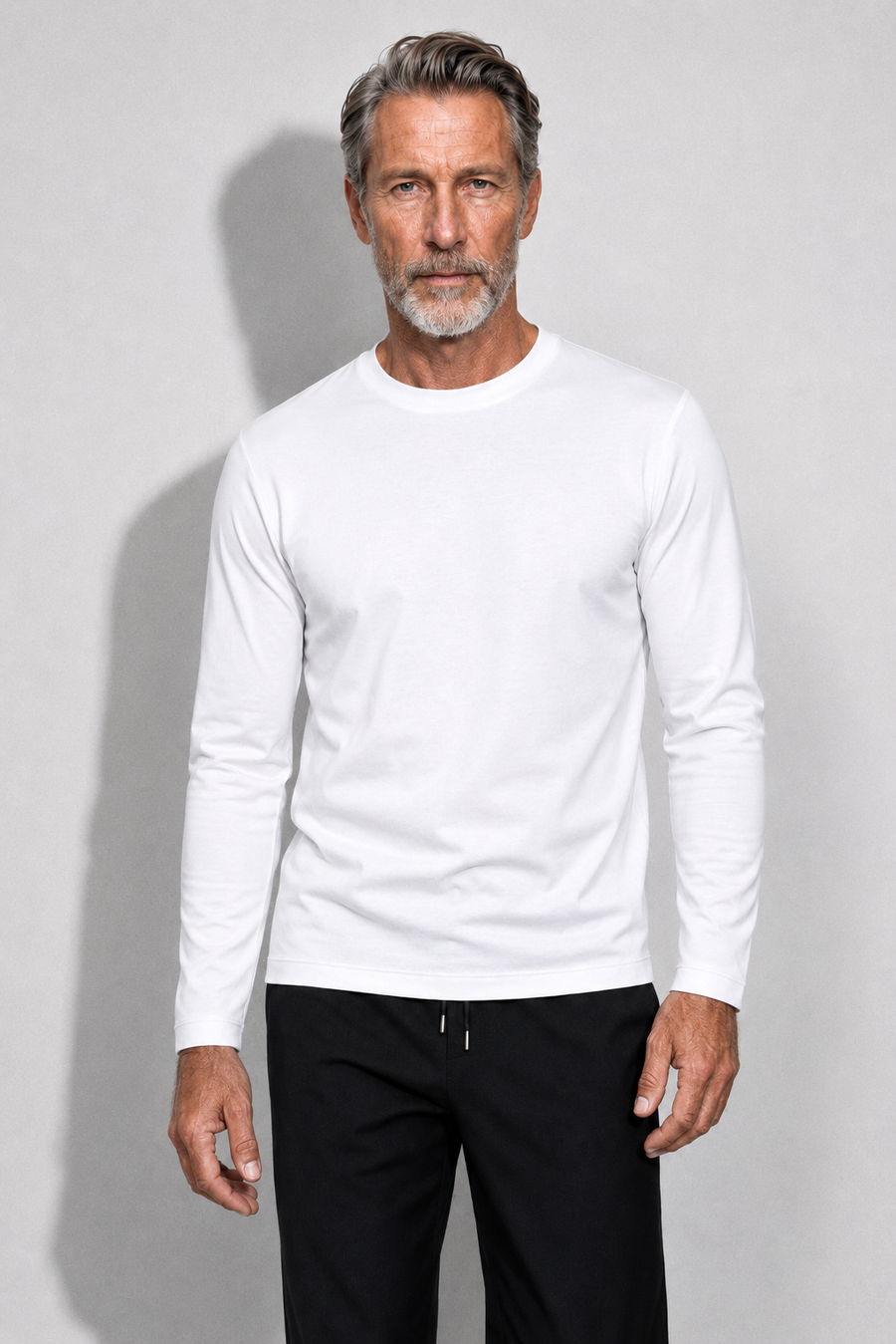Long-sleeved Mercerized T-shirt — White — Mercerized Cotton Long-Sleeve T-shirts
