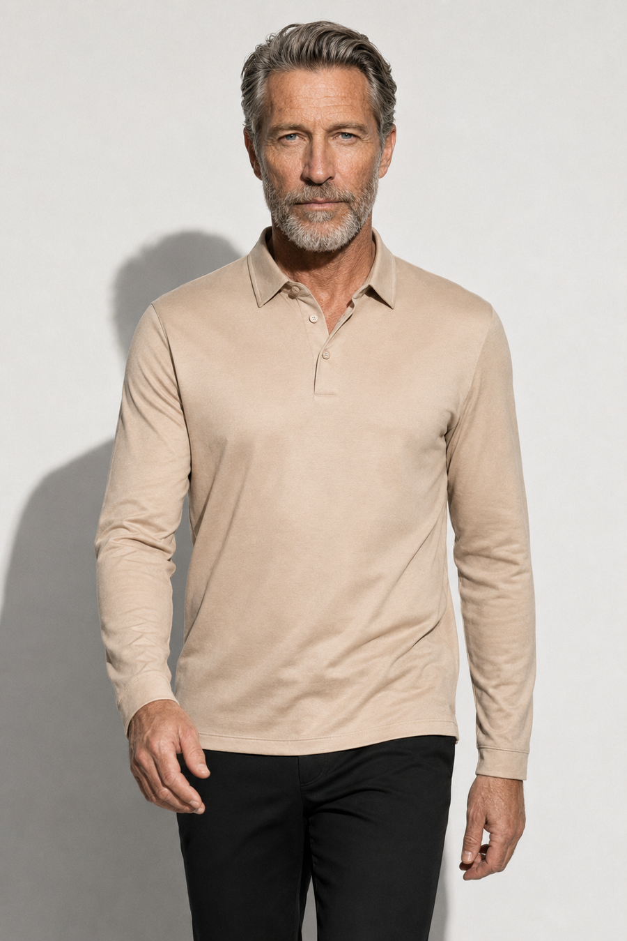 Long-sleeved Mercerized Polo Shirt — Beige — Mercerized Cotton Long-Sleeve Polo Shirts
