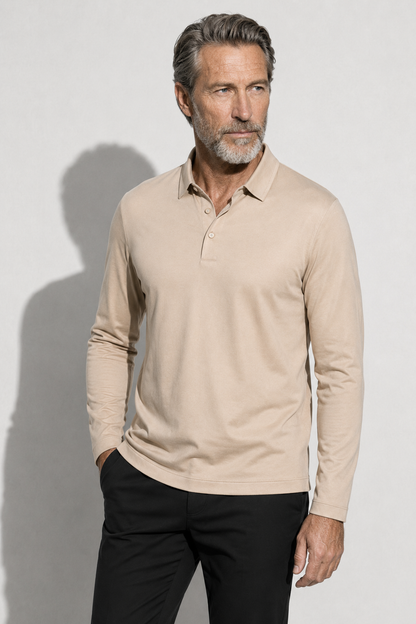 Long-sleeved Mercerized Polo Shirt — Beige — Mercerized Cotton Long-Sleeve Polo Shirts