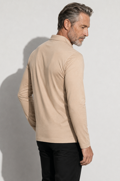 Long-sleeved Mercerized Polo Shirt — Beige — Mercerized Cotton Long-Sleeve Polo Shirts