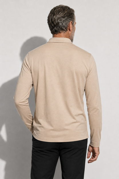 Long-sleeved Mercerized Polo Shirt — Beige — Mercerized Cotton Long-Sleeve Polo Shirts