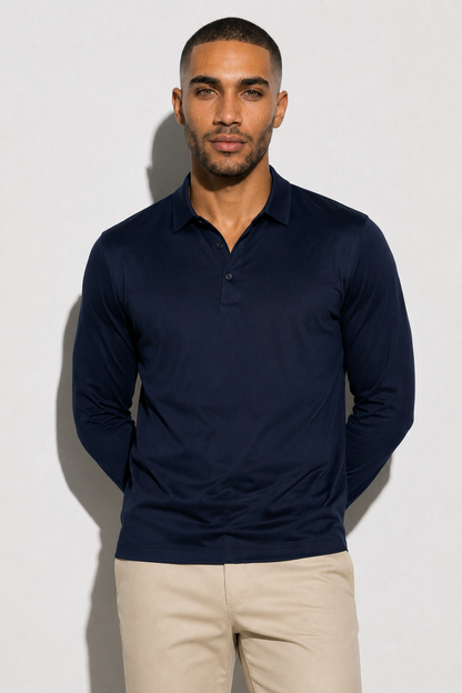 Long-sleeved Mercerized Polo Shirt — Navy — Mercerized Cotton Long-Sleeve Polo Shirts