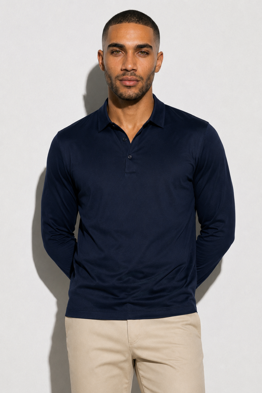 Long-sleeved Mercerized Polo Shirt — Navy — Mercerized Cotton Long-Sleeve Polo Shirts