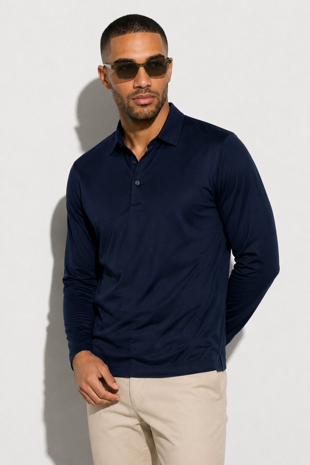 Long-sleeved Mercerized Polo Shirt — Navy — Mercerized Cotton Long-Sleeve Polo Shirts