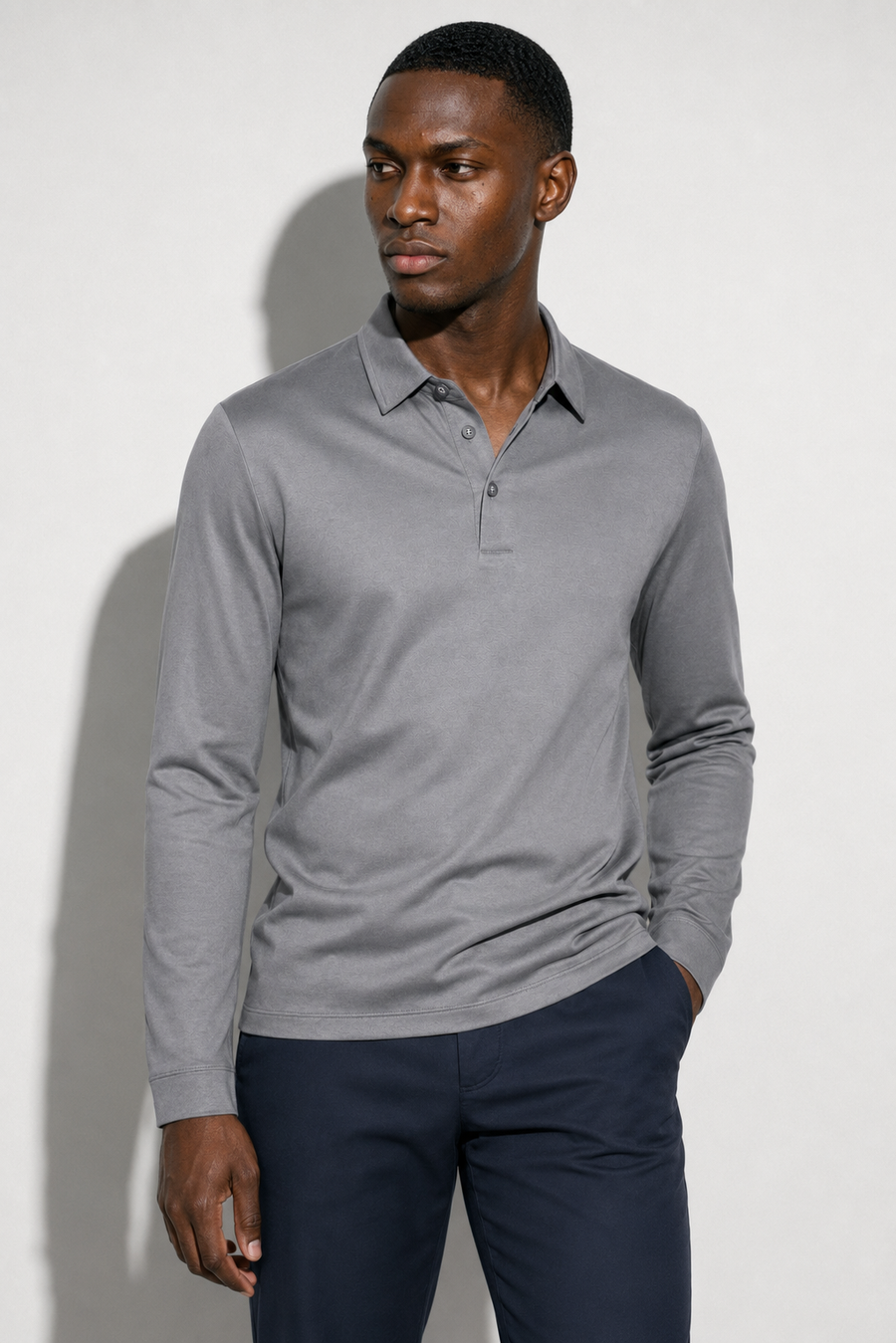 Long-sleeved Mercerized Polo Shirt — Grey — Mercerized Cotton Long-Sleeve Polo Shirts