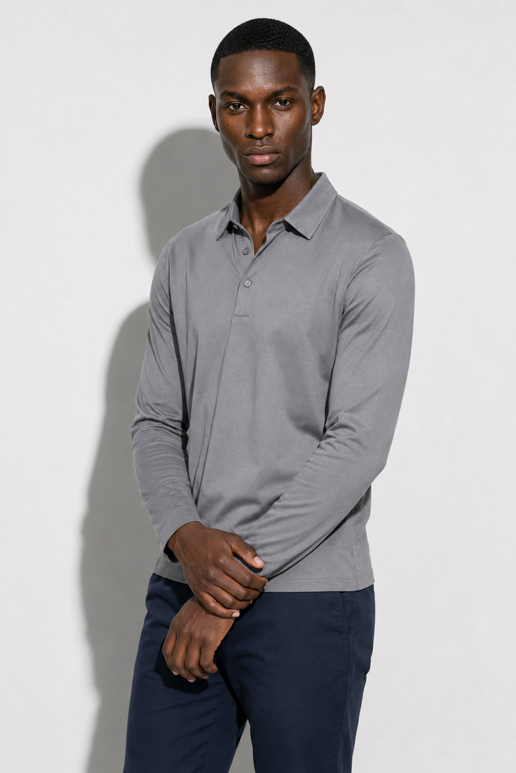 Long-sleeved Mercerized Polo Shirt — Grey — Mercerized Cotton Long-Sleeve Polo Shirts