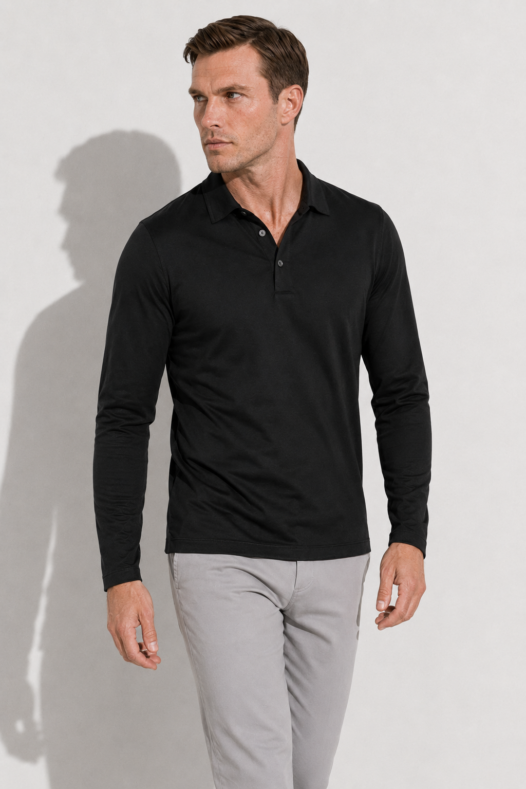 Mercerized Long-sleeved Polo Shirt — Black — Mercerized Cotton Long-Sleeve Polo Shirts