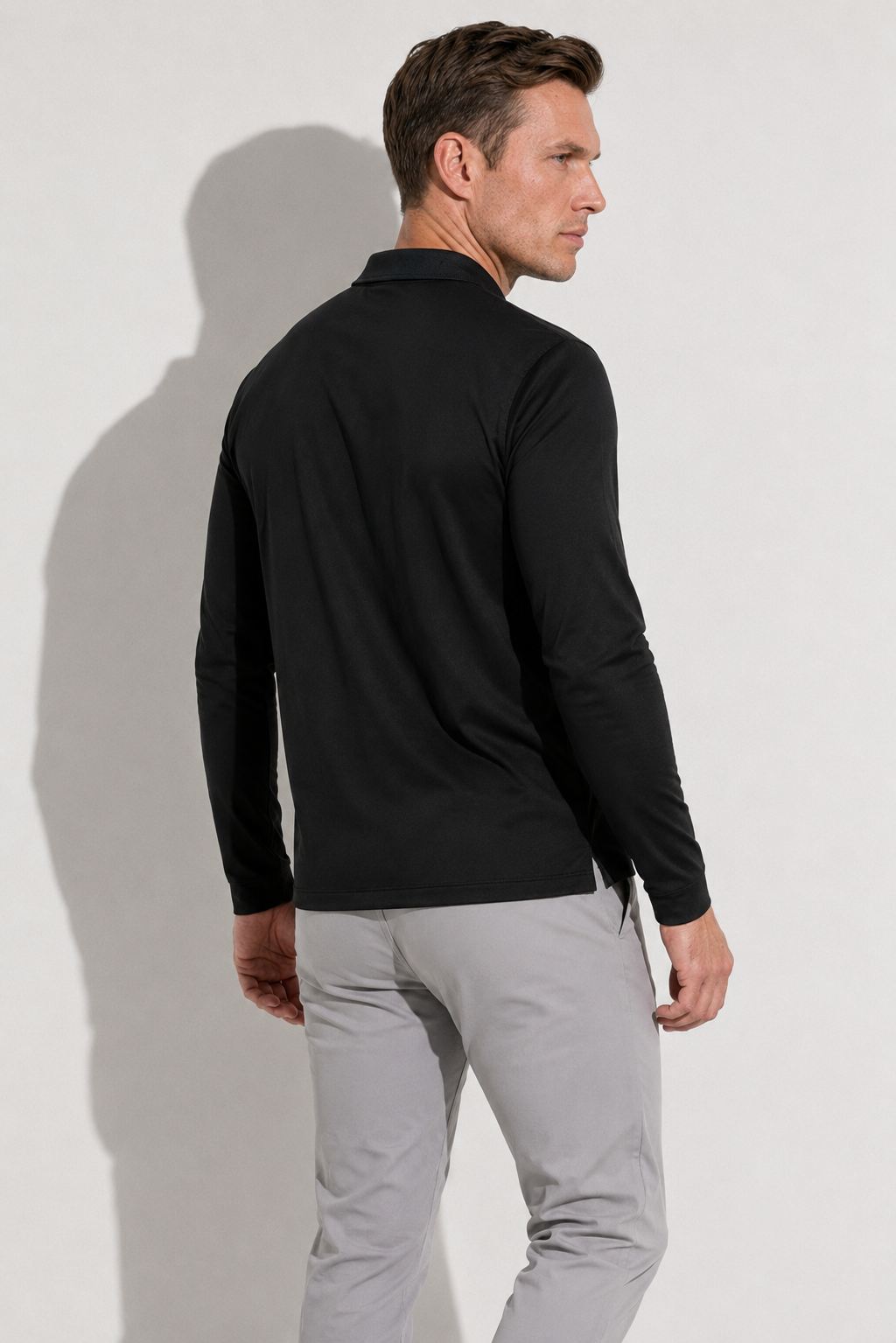 Mercerized Long-sleeved Polo Shirt — Black — Mercerized Cotton Long-Sleeve Polo Shirts