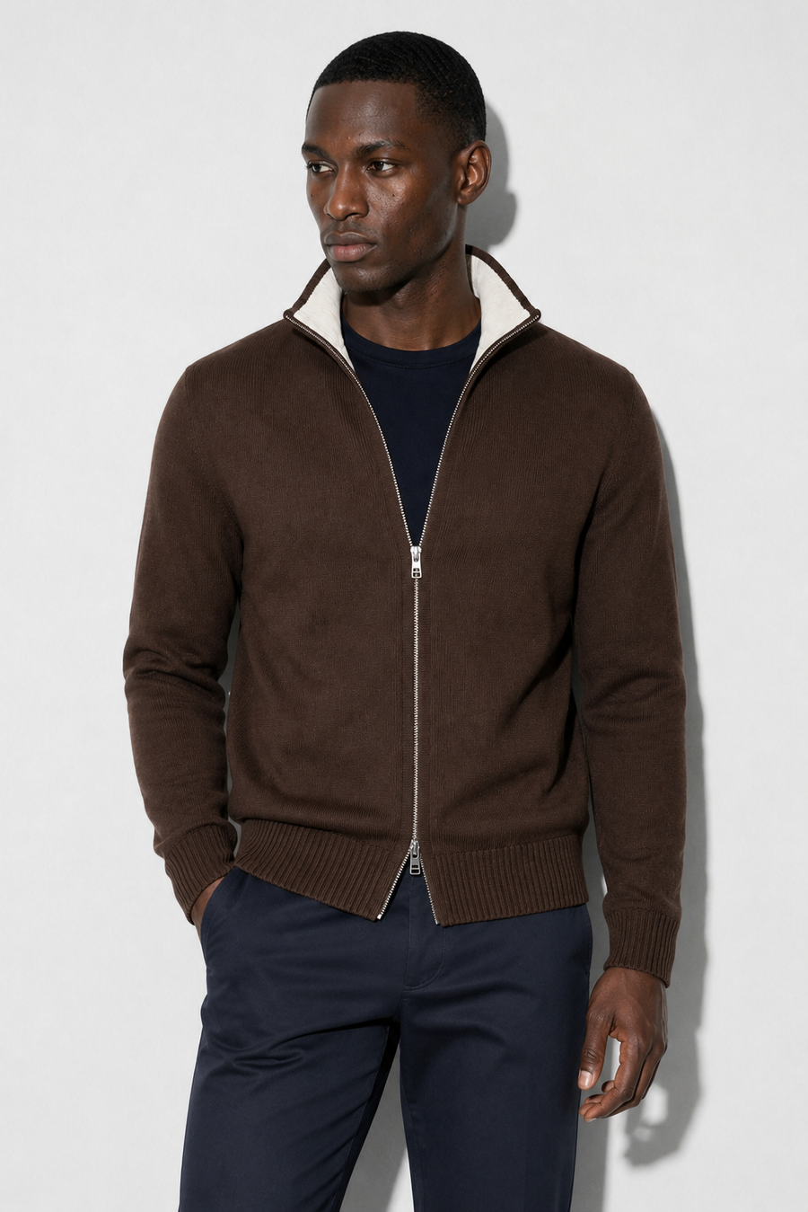 Zip-up Cardigan — Brown — Sweaters