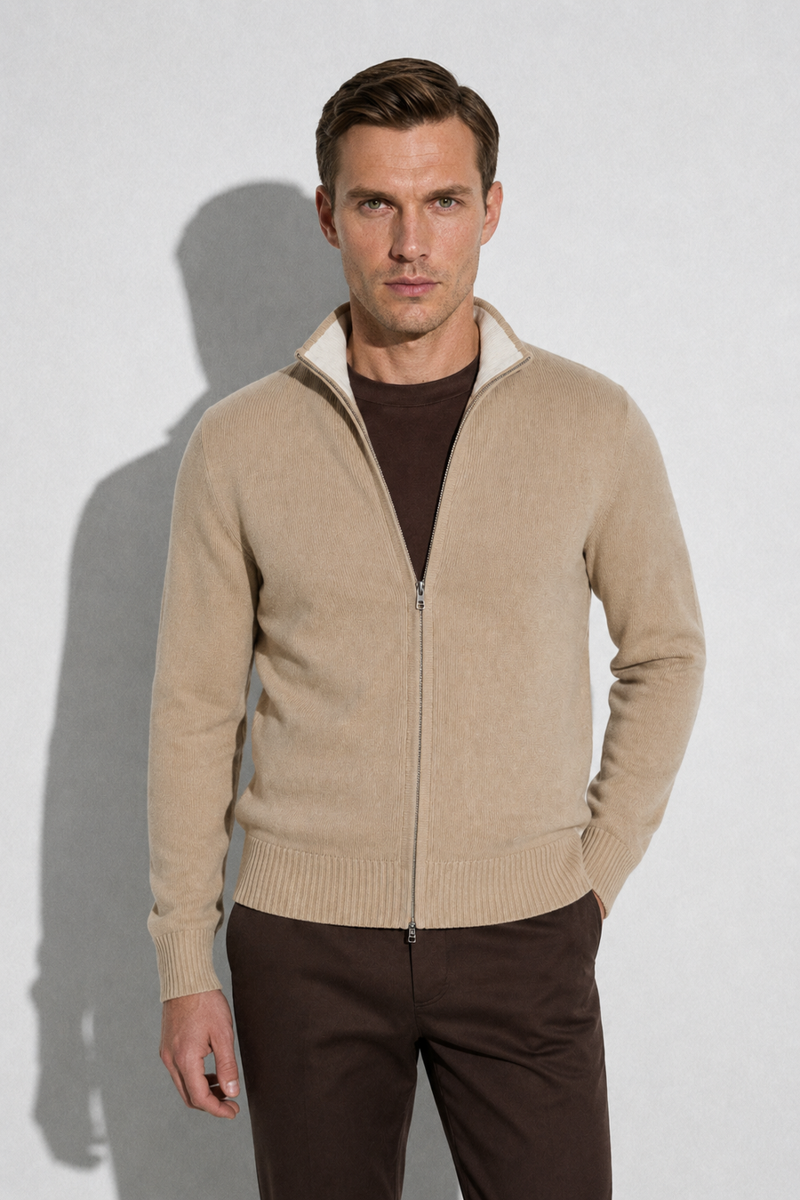 Zip-up Cardigan — Beige — Sweaters
