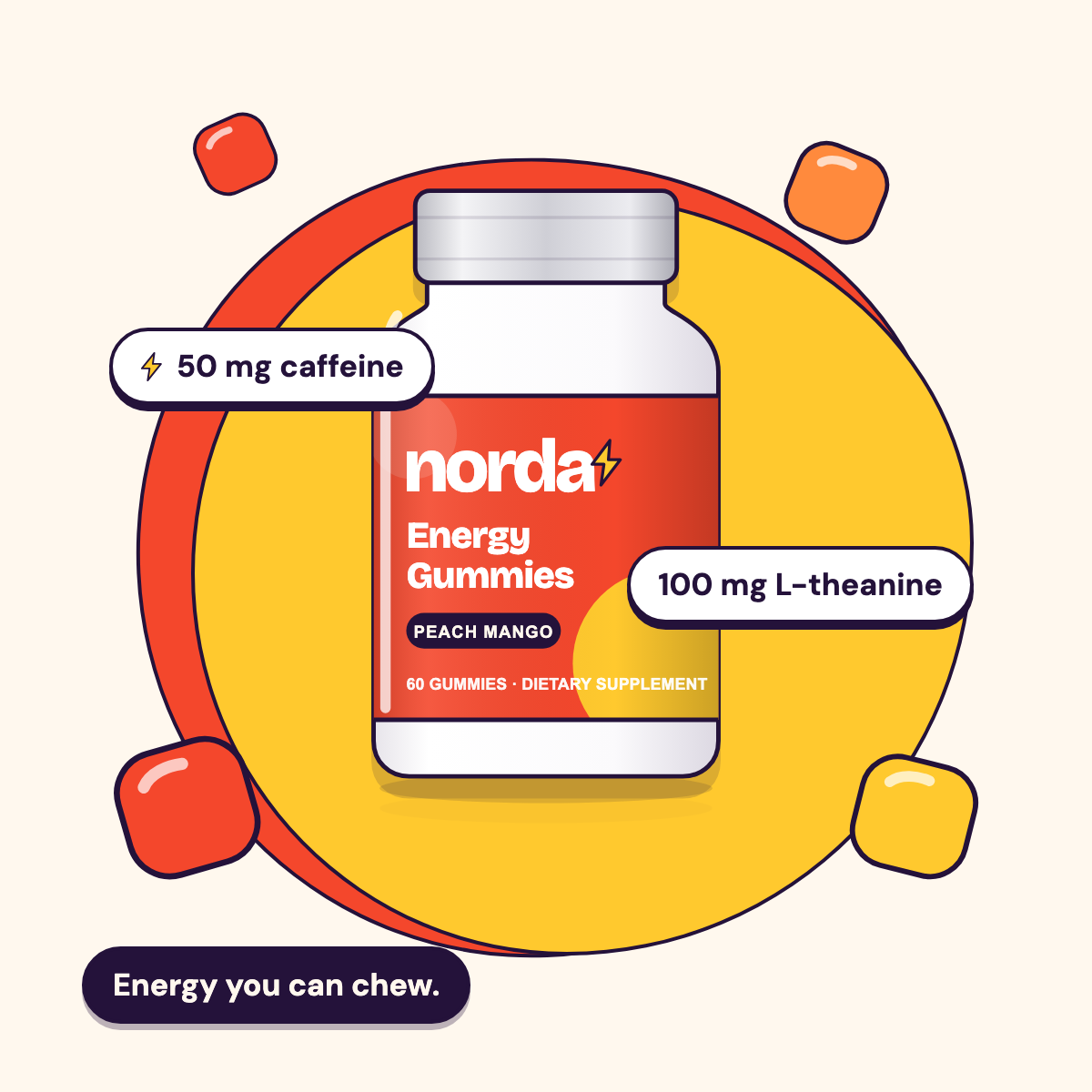 Jar of Norda Energy Gummies, peach mango, with 50 mg caffeine and 100 mg L-theanine per gummy